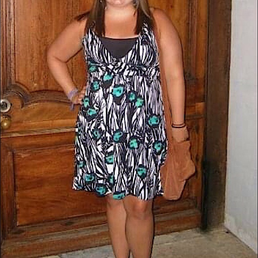 Express Halter Dress Black White Peacock Flowers